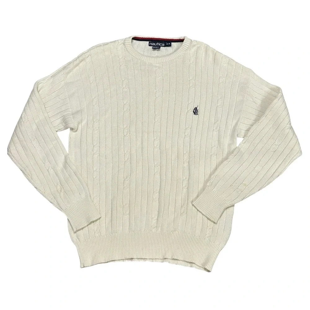 Nautica Mens Cream White Cable Knit Cotton Crewneck Sweater Quiet Luxury